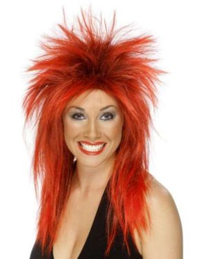 80's Ladies Rock Diva Fancy Dress Wig Red/Black